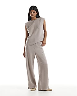 Beige Knit Embellished Cosy Wide Leg Trousers