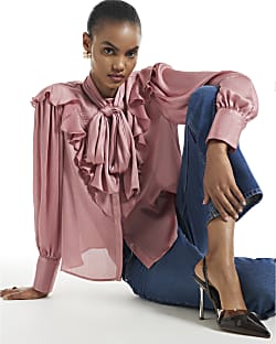 Pink Crinkle Satin Pussybow Blouse