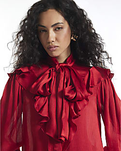 Red Crinkle Satin Pussybow Blouse