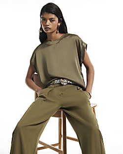 Khaki Satin Turn Back Cuff Blouse