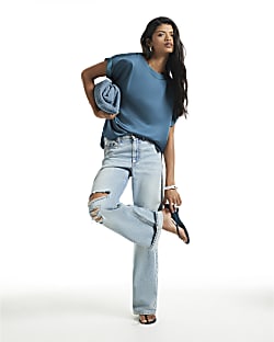 Blue Satin Turn Back Cuff Blouse