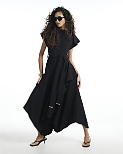 Black Wrap Style Hanky Hem Midi Dress