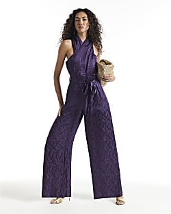 Purple Satin Jacquard Wrap Jumpsuit