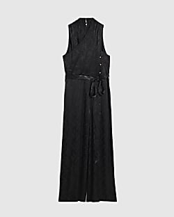 Petite Black Satin Jacquard Jumpsuit