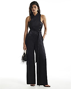 Black Satin Jacquard Jumpsuit