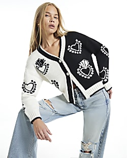 Black Knit Long Sleeve Heart Cardigan