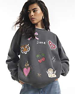 Grey Quirky Cherub Hotfix Sweatshirt