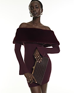 Burgundy Knit Bardot Faux Fur Trim Mini Dress
