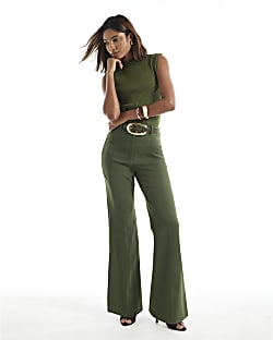 Khaki Side Split Soft Flare Trousers