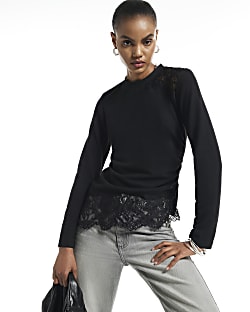 Black Cosy Lace Hem Asymmetric Top