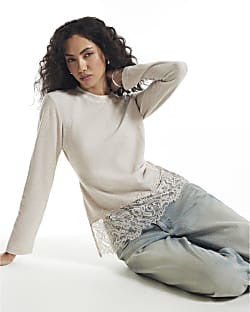 Beige Cosy Lace Hem Asymmetric Top