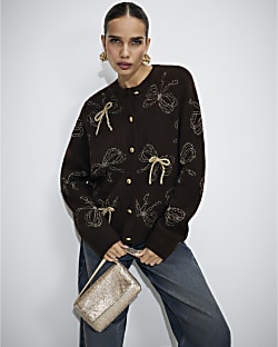 Brown Glitter 3D Bow Cardigan