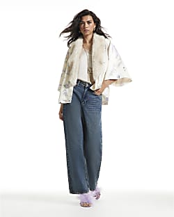 Cream Satin Floral Faux Fur Trim Kimono