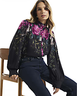 Black Crepe Floral Print Femme Blouse