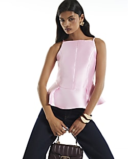 Pink Square Neck Sleeveless Peplum Top