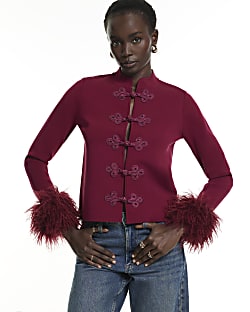 Burgundy Faux Fur Cuff Drummer Cardigan