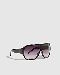 Black Oversized Visor Crystal Sunglasses