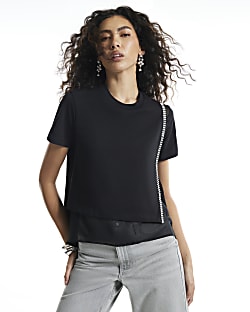 Black Diamante Trim Hybrid T-Shirt