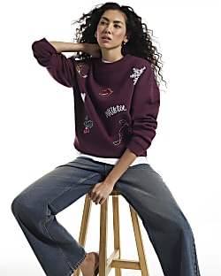 Burgundy Quirky Embellished Sweatshirt