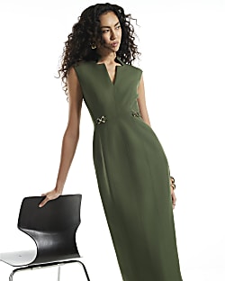 Khaki Notch Neck Belted Midi Dress