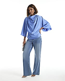 Blue Asymmetric Draped Top