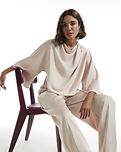 Cream Satin Asymmetric Draped Top