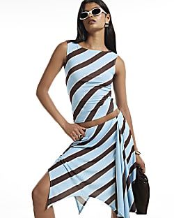 Blue Sleeveless Boat Neck Stripe Top