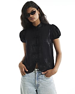 Black Jacquard Puff Sleeve Frogging Blouse