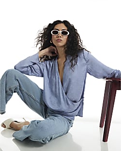 Blue Satin Jacquard Wrap Blouse