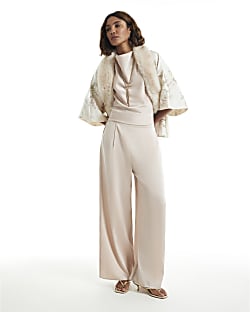 Cream Satin Wide Leg Trousers