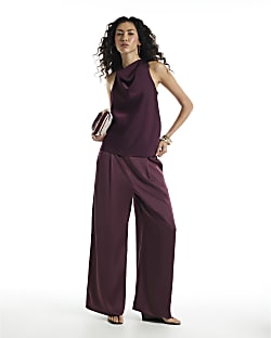 Burgundy Satin Wide Leg Trousers