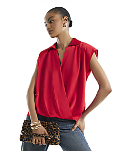 Red Short Sleeve Satin Wrap Top