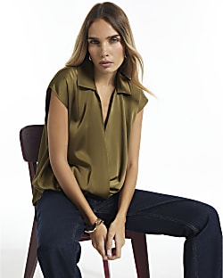 Khaki Satin Short Sleeve Wrap Top