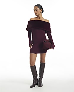 Petite Burgundy Knit Bardot Fur Trim Dress