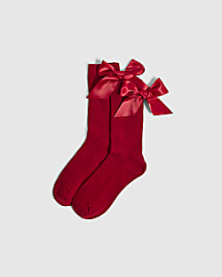 Red Ribbed Bow Socks