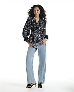 Black Spot Wrap Feather Cuff Blouse