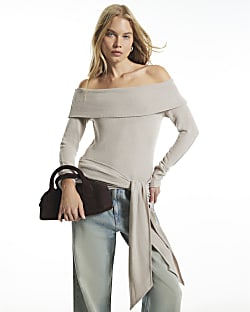 Beige Tie Side Bardot Long Sleeve Top