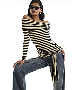 Beige Stripe Tie Side Bardot Top