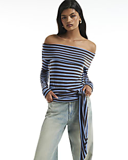 Blue Stripe Tie Side Bardot Top
