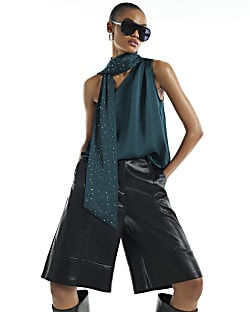 Green Satin Asymmetric Scarf Neck Tank Top