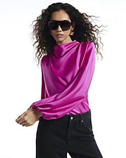 Pink Satin Cowl Neck Long Sleeve Blouse