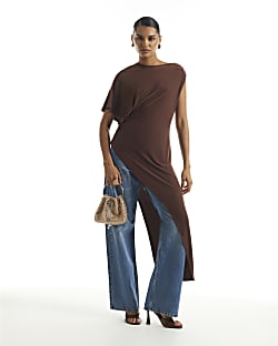 Brown Asymmetric Hem Flowing Top