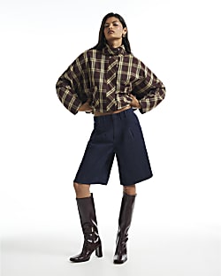 Blue Mid Rise Pleat Front Denim Jorts