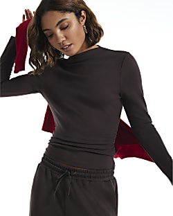 Brown Premium High Neck Ruched Top