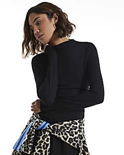 Black Premium High Neck Ruched Top