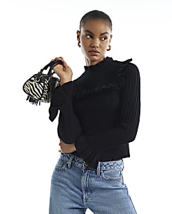 Black Knit Ruffle High Neck Long Sleeve Top