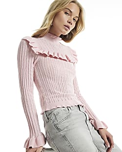 Pink Knit Ruffle High Neck Long Sleeve Top
