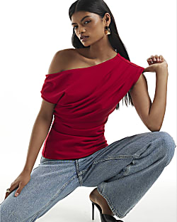 Red Asymmetric Drape Top