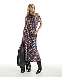 Orange Print Cinched Waist Column Dress