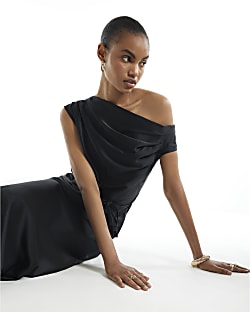 Black Cinched Waist Column Dress